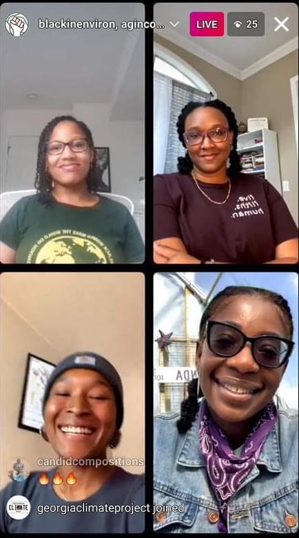 Image of four Black women in agriculture: Dr. Regan Patterson, Dr. Torrie Cropps, nayomi cawthorn of DTown Farm, and Farmer Cee of Green Heffa Farms on an instagram live panel about Black folks connecting with the land.